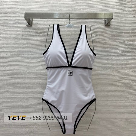 Chanel White V-Neck One-Piece Swimsuit