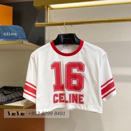 Celine 16 Cropped T-Shirt In Cotton Jersey Off White/Red Intense