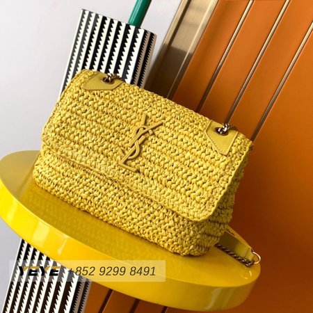 Saint Laurent Niki Raffia Logo Plaque Shoulder Bag