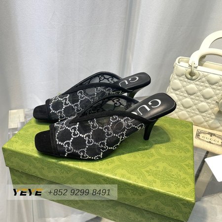 Gucci GG Crystal 75mm Heeled Sandal Black Mesh