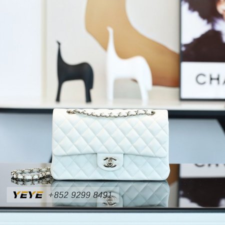 Chanel Classic Flap Shoulder Bag White Silver