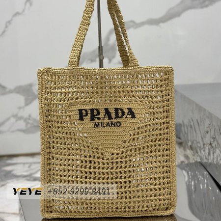 Prada Logo-Print Raffia Tote