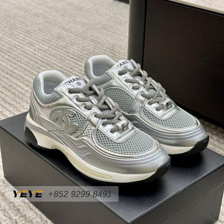 Chanel 23C Gray Silver Metallic CC Logo Lace Up Flat Runner Trainer Sneaker