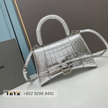 Balenciaga Metallic Shiny Calfskin Crocodile Embossed Hourglass Top Handle Bag