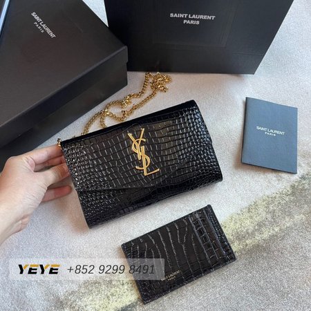 Saint Laurent Cassandre Phone Holder With Strap In Shiny Crocodile-Embossed Leather