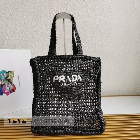 Prada Raffia Tote Bag Black 1BG393