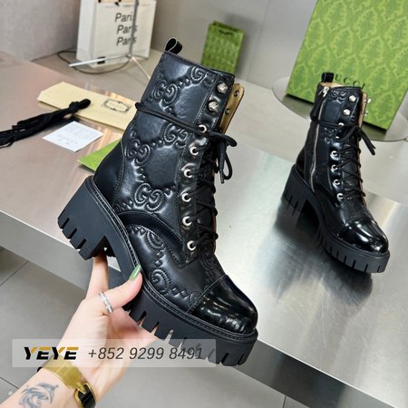 Gucci GG Matelasse Lace-Up Boot Black Leather 35-42